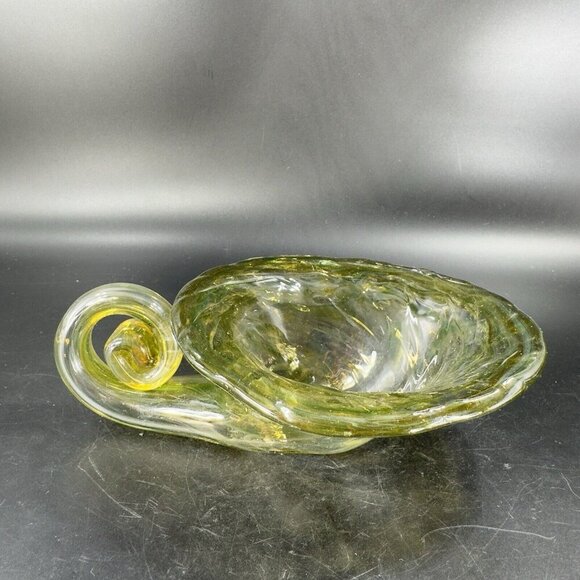 Vintage Sooner Glass Hand Made Green Swirls Dish Bowl Handmade Cornucopia Bowl - Picture 16 of 16